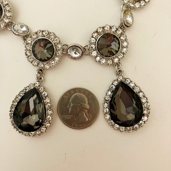 A & A Statement Necklace Brown Crystal Rhinestone Teardrop Silver Chain Vintage - Picture 8 of 11